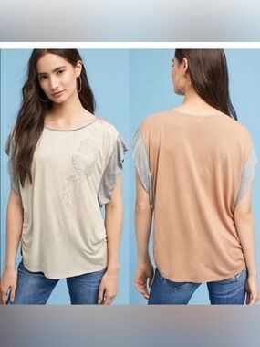 Medium Anthropologie TINY Beige Taupe Gray Flutter Sleeve Top floral embroidery